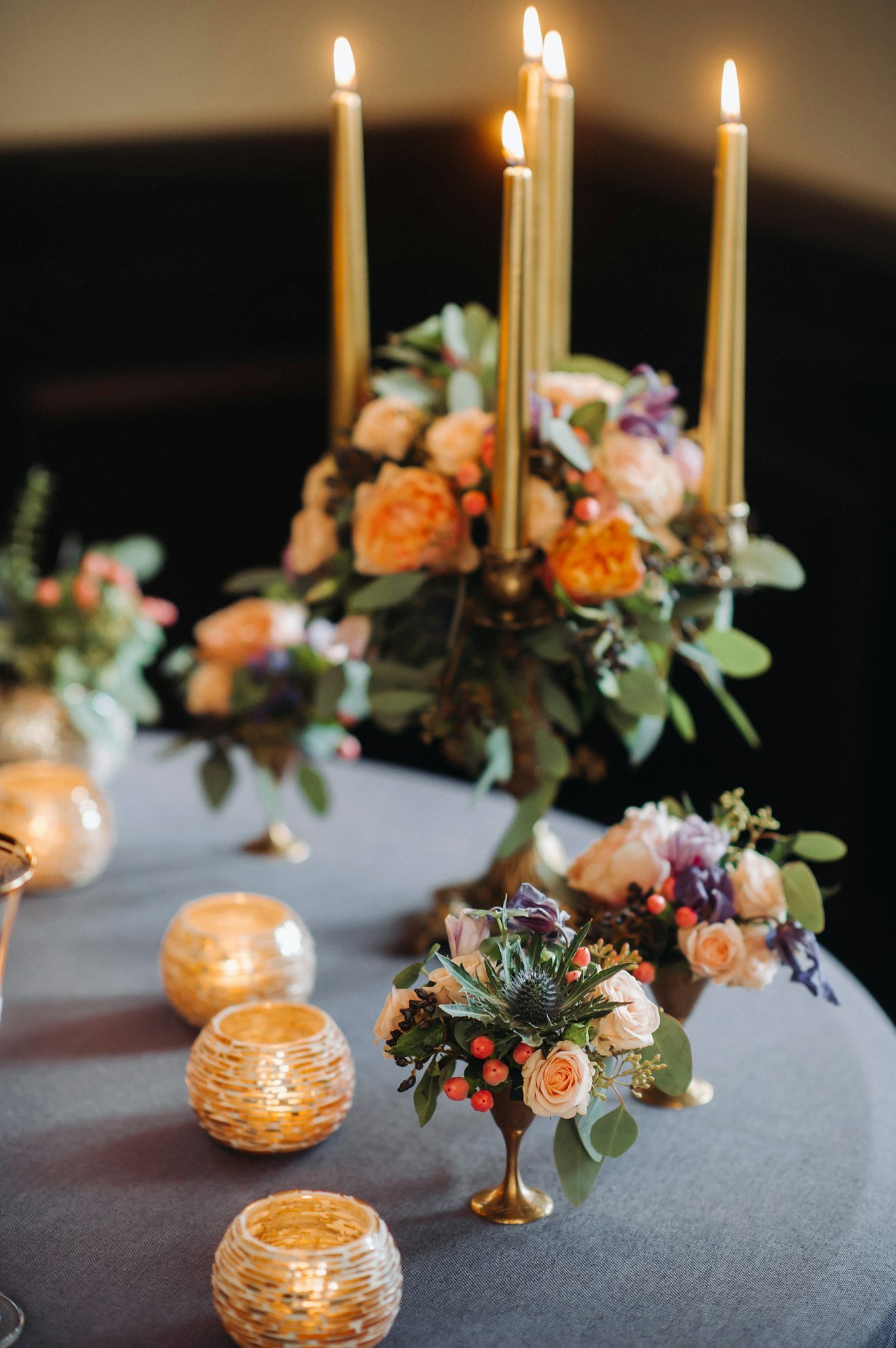 wedding table decoration with flowers on the table in the castle, table decor for dinner by